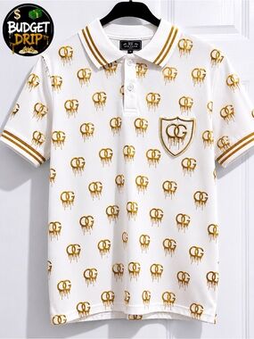 Kids' White Polo with Gold Crest and Stripe Trim